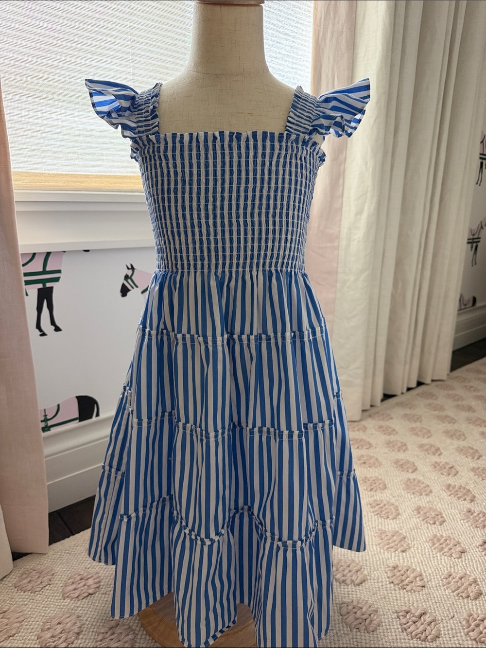 Hill House Blue & White Smocked Flutter Sleeve Tiered Dress